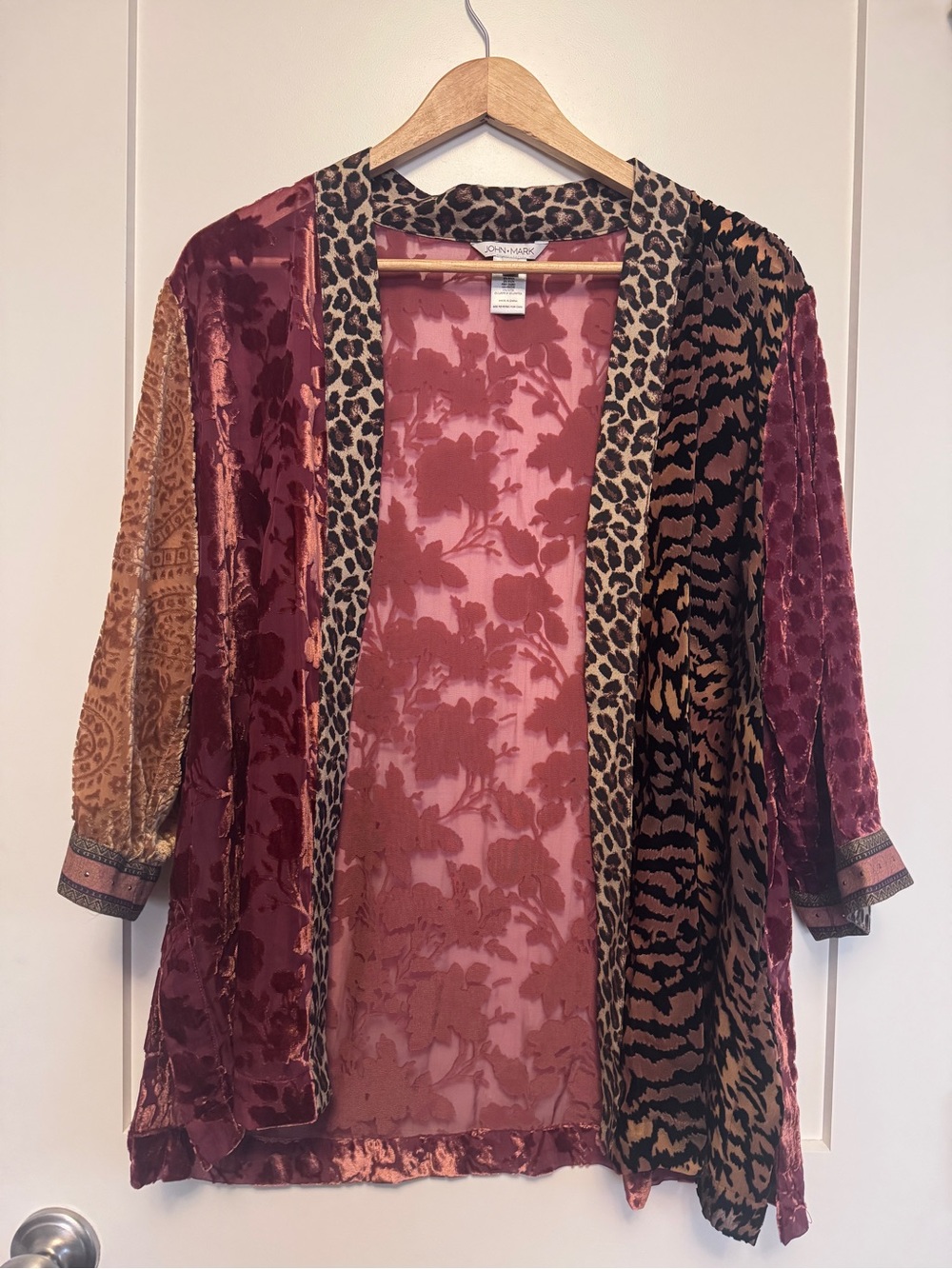 John Mark Mix Burnout Rhinestone Detail Open Front 3/4 Sleeve Kimono Duster